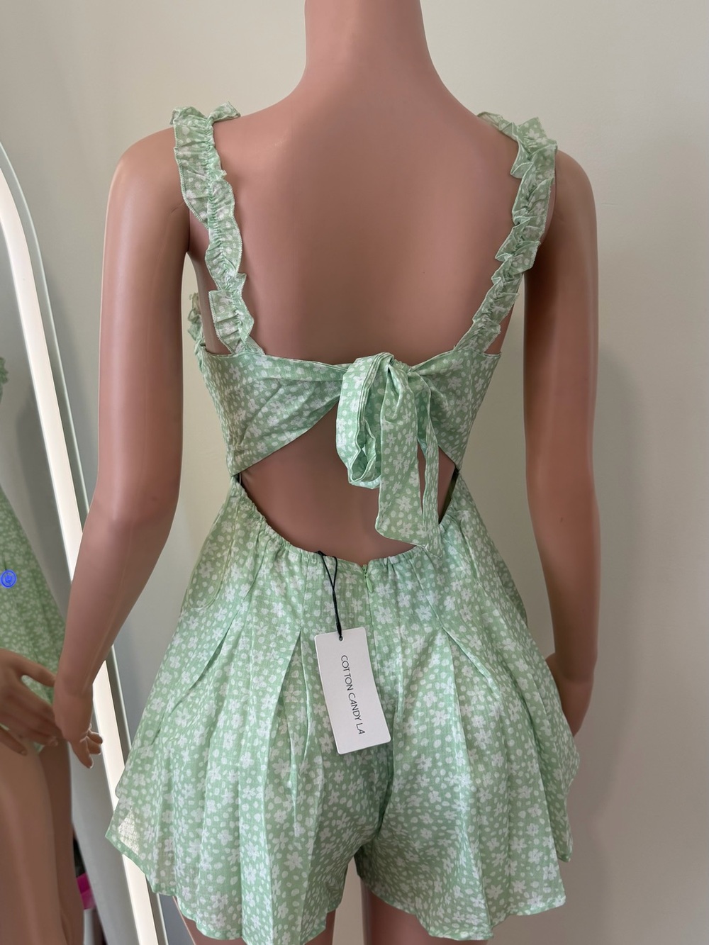 Ruffled Tie-Back Mini Dress in Light Green Floral - Picture 5 of 5
